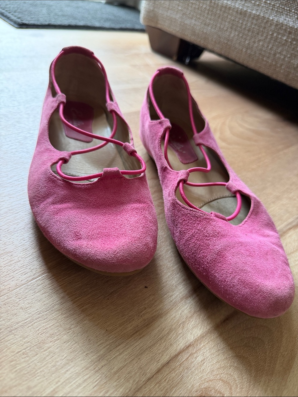 Earthies Hot Pink Suede Ballet Flats with Lace Detail